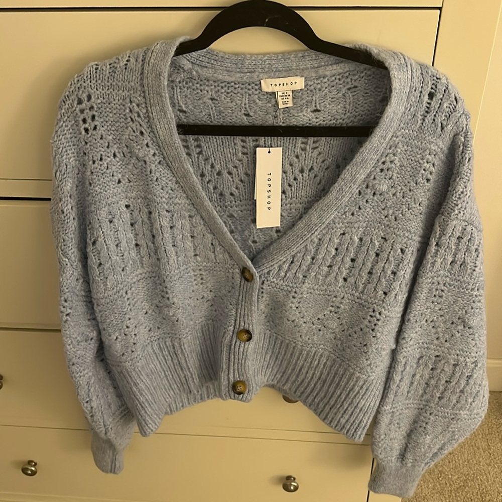 Top shop baby blue cardigan with brown buttons